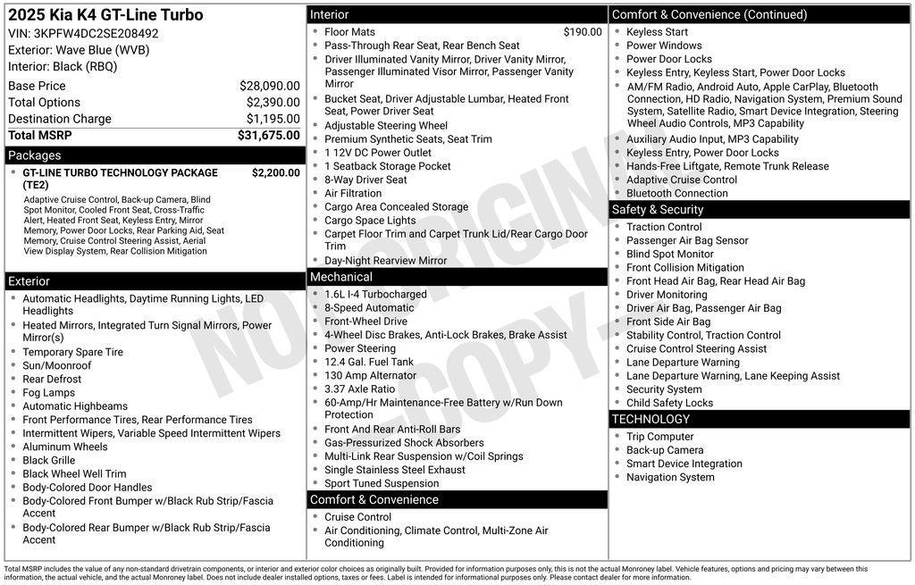 new 2025 Kia K4 car, priced at $27,508