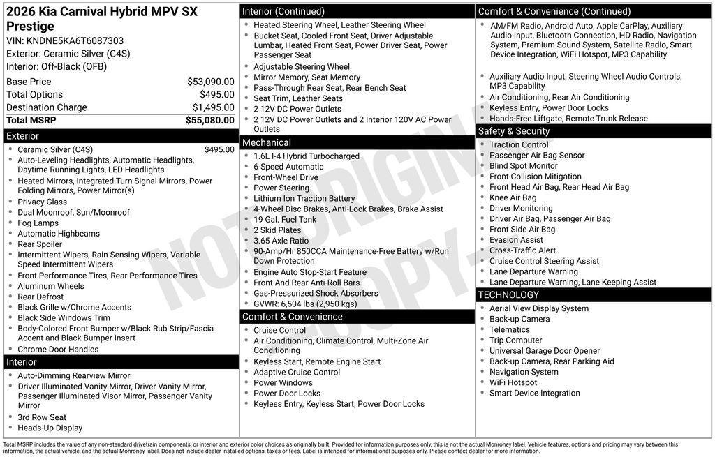 new 2026 Kia Carnival Hybrid car, priced at $50,301