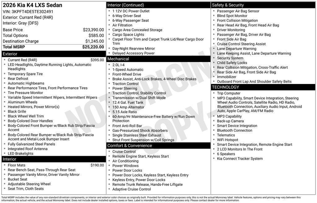 new 2026 Kia K4 car, priced at $23,207