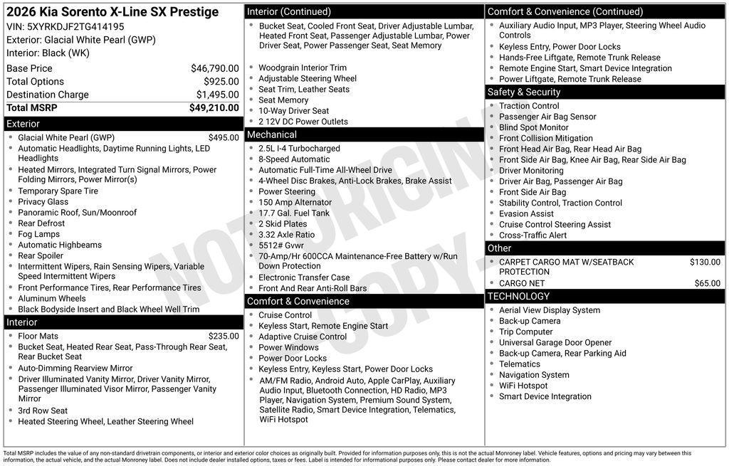 new 2026 Kia Sorento car, priced at $43,512