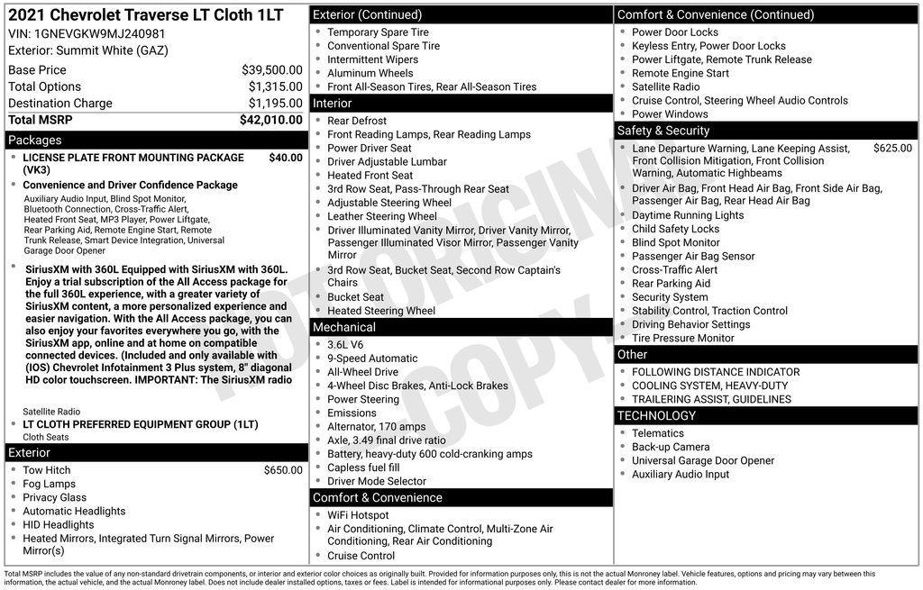 used 2021 Chevrolet Traverse car, priced at $18,932
