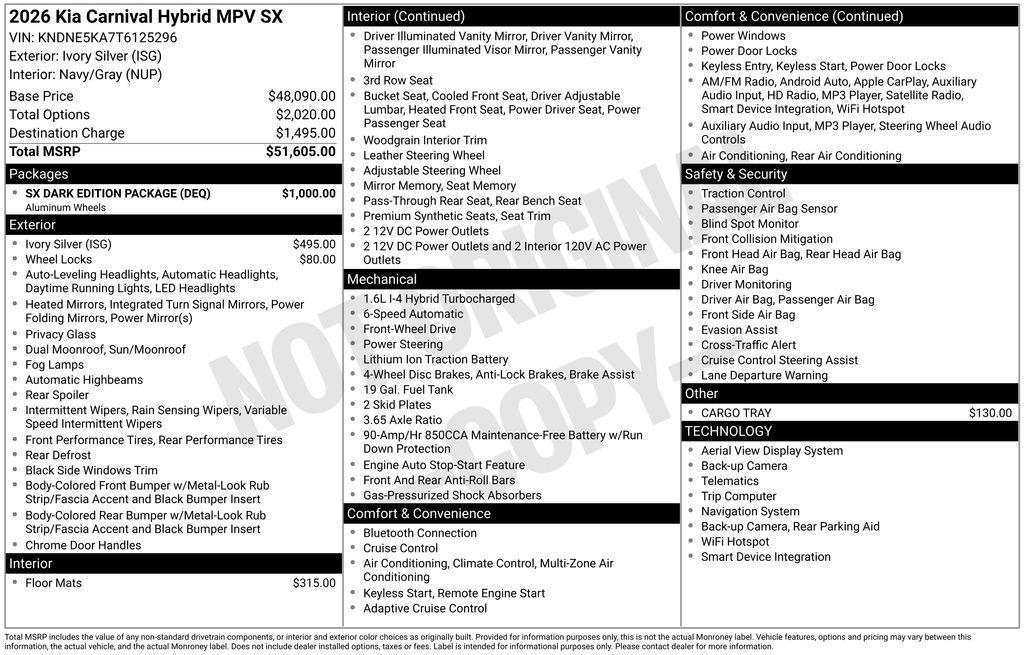 new 2026 Kia Carnival Hybrid car, priced at $47,025