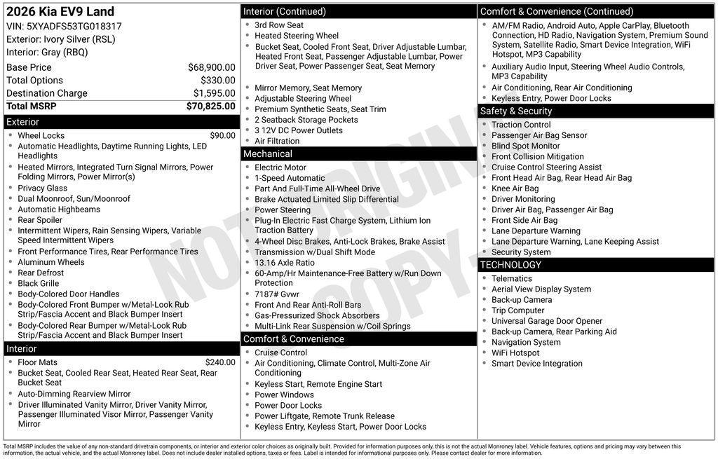new 2026 Kia EV9 car, priced at $55,325