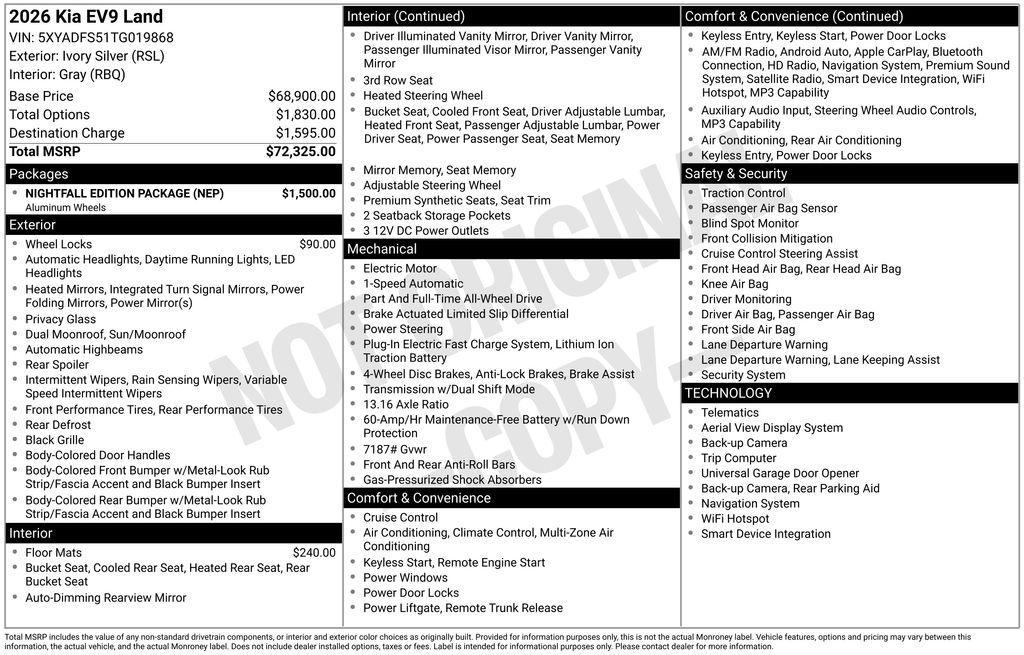 new 2026 Kia EV9 car, priced at $56,825