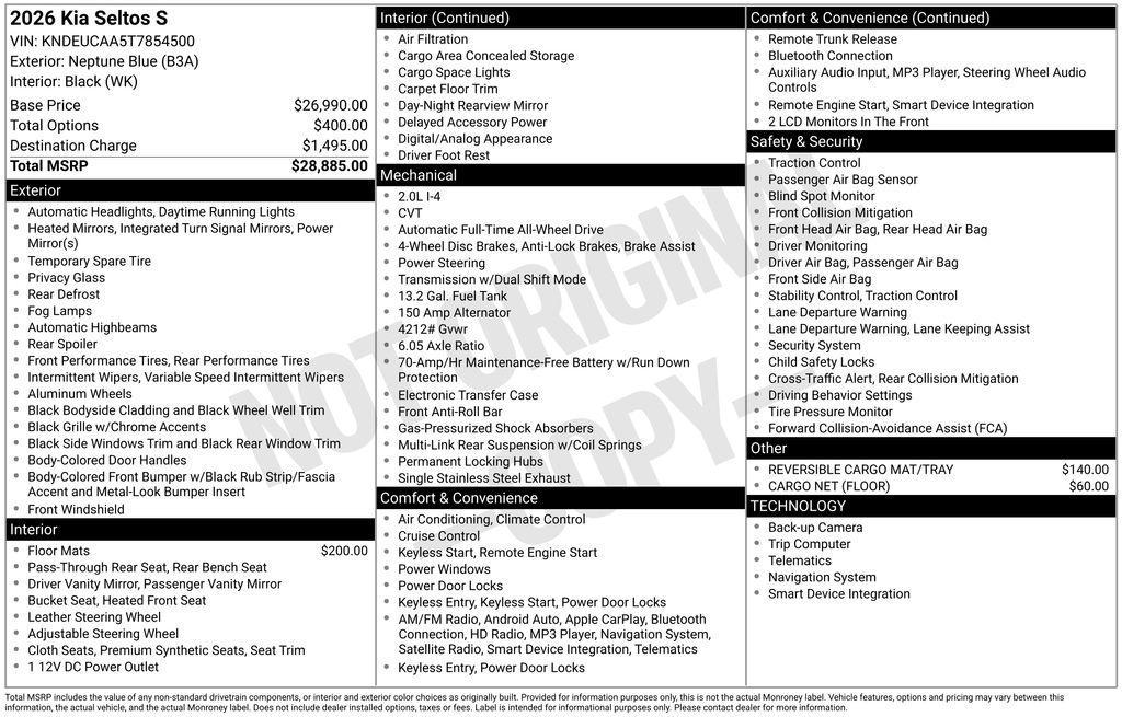 new 2026 Kia Seltos car, priced at $26,011