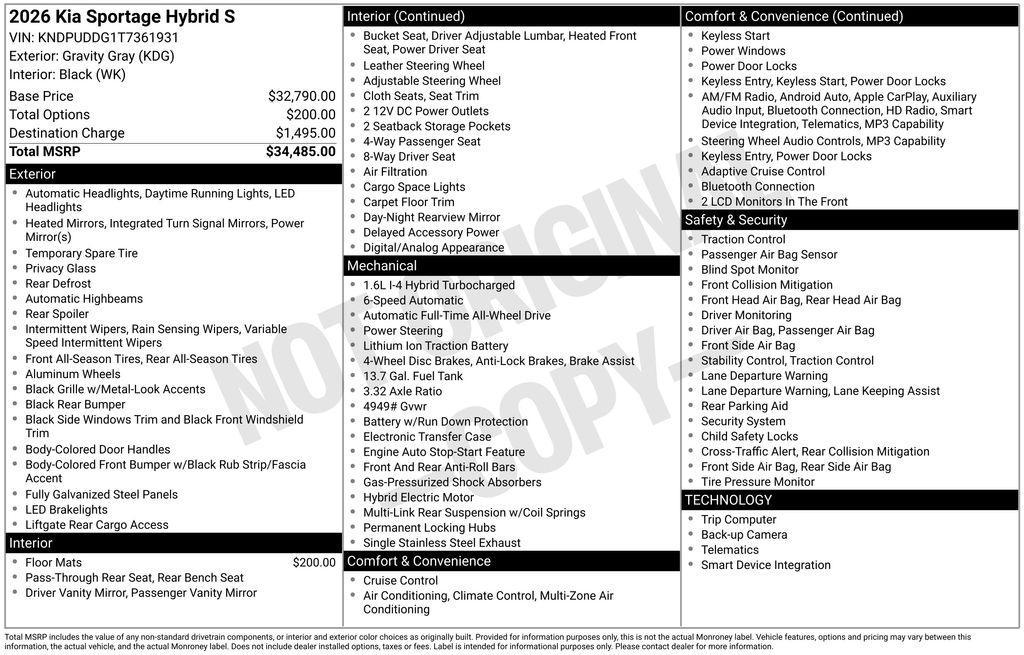 new 2026 Kia Sportage Hybrid car, priced at $30,916