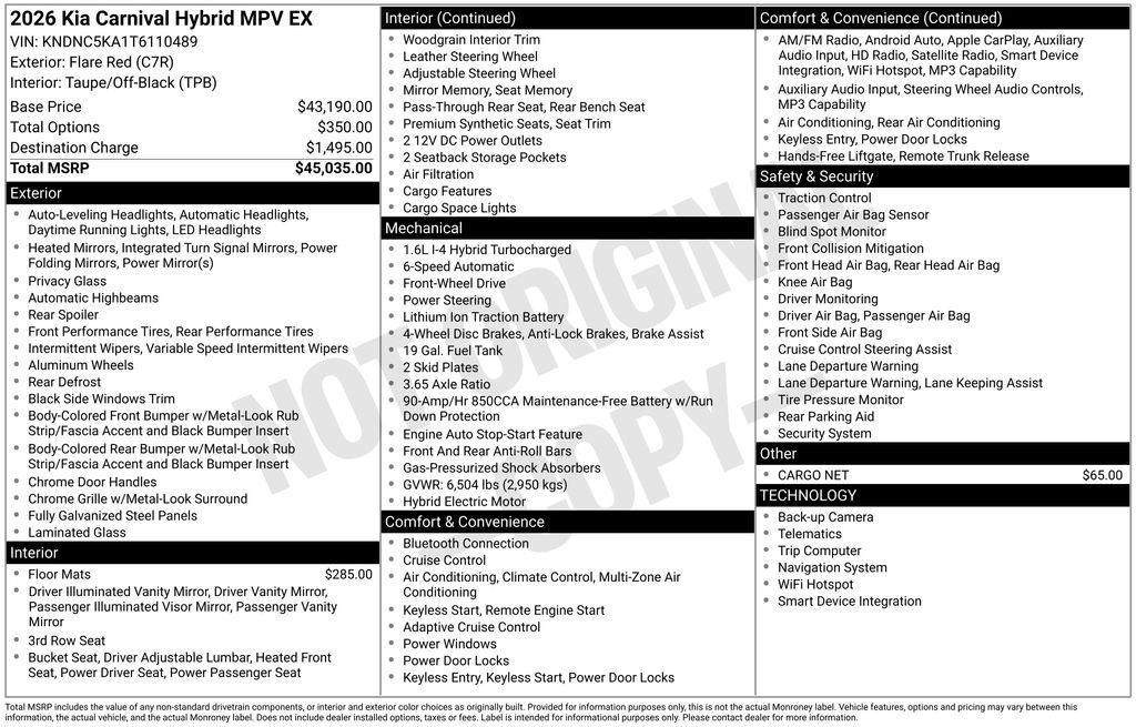 new 2026 Kia Carnival Hybrid car, priced at $41,283