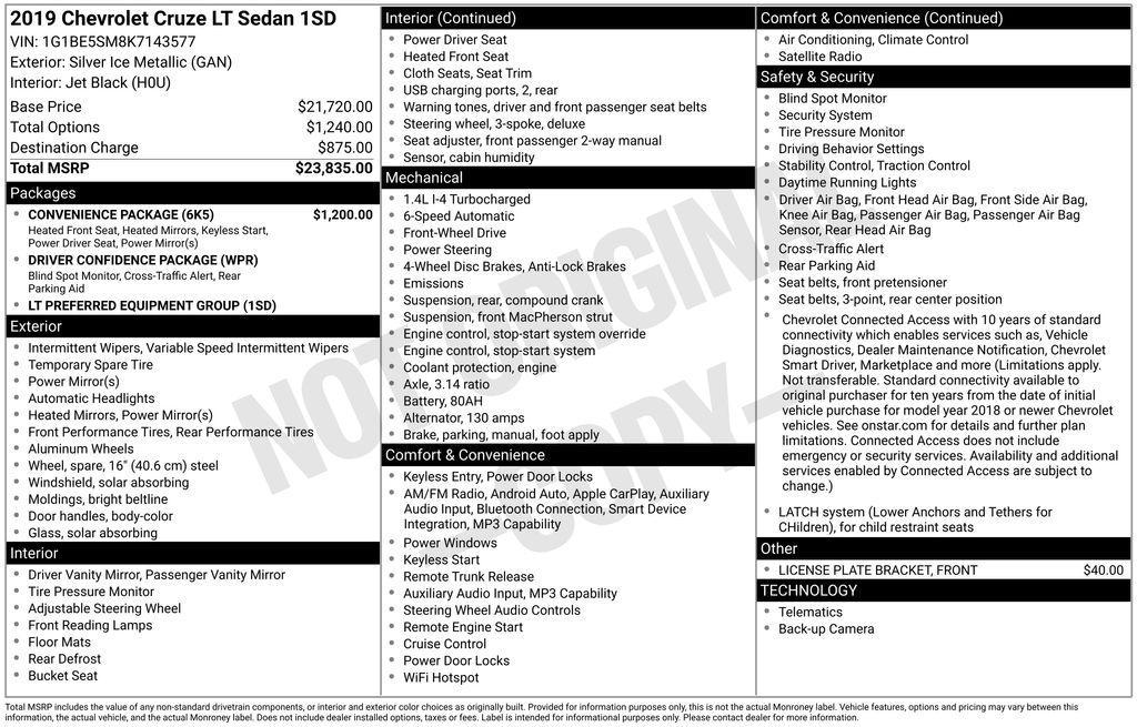 used 2019 Chevrolet Cruze car, priced at $15,070