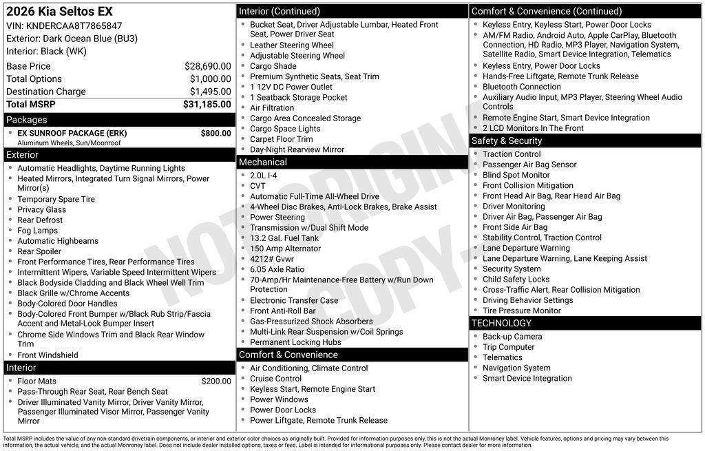 new 2026 Kia Seltos car, priced at $27,617