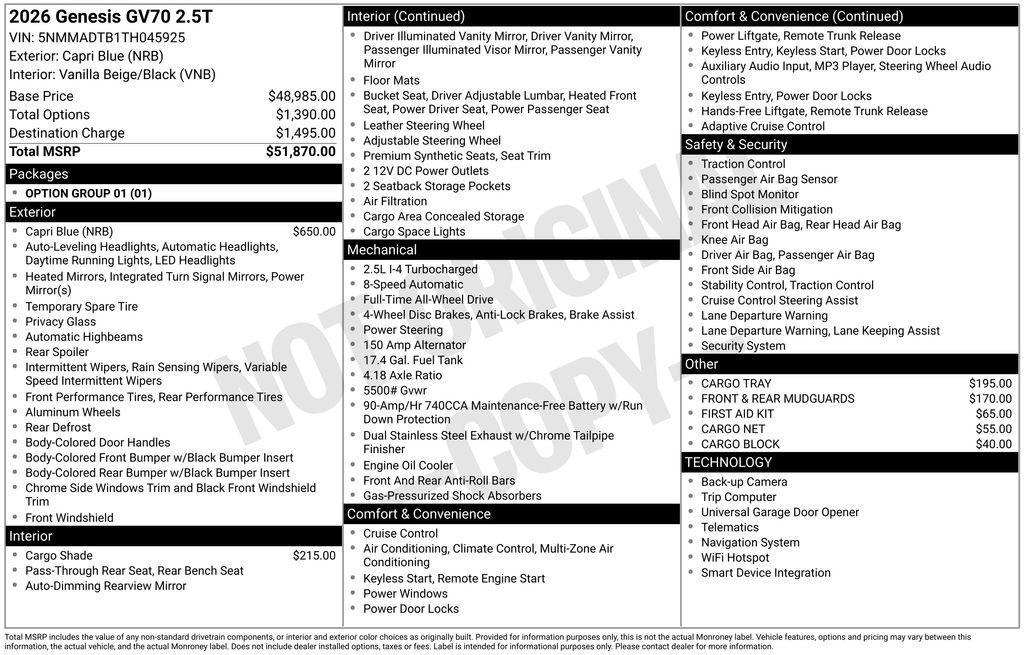 new 2026 Genesis GV70 car, priced at $50,860