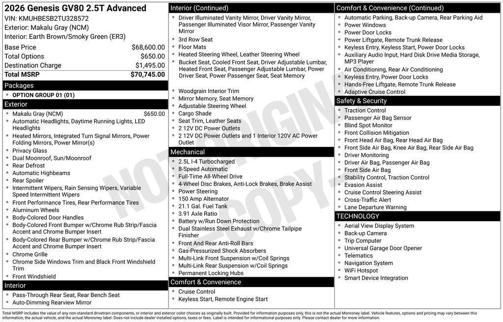 new 2026 Genesis GV80 car, priced at $70,745