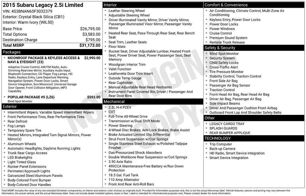 used 2015 Subaru Legacy car, priced at $13,658