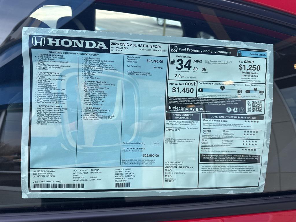 new 2026 Honda Civic car, priced at $27,800