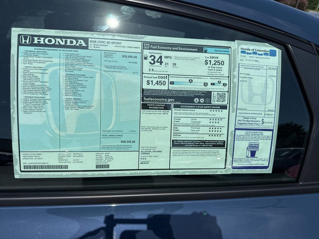new 2026 Honda Civic car, priced at $27,845