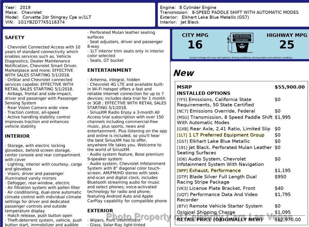 used 2019 Chevrolet Corvette car, priced at $44,950