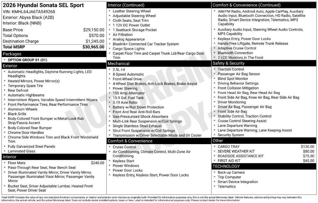 new 2026 Hyundai Sonata car, priced at $27,329