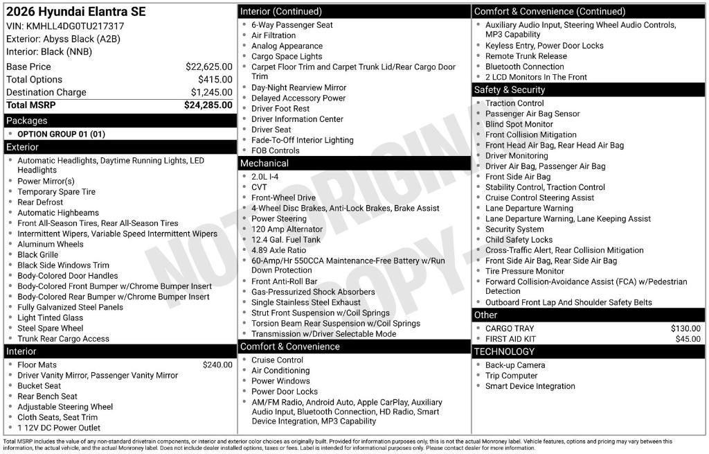 new 2026 Hyundai Elantra car, priced at $21,462