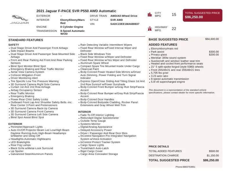 used 2021 Jaguar F-PACE car, priced at $39,999