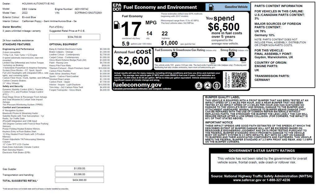 used 2022 Aston Martin DBS car, priced at $269,999