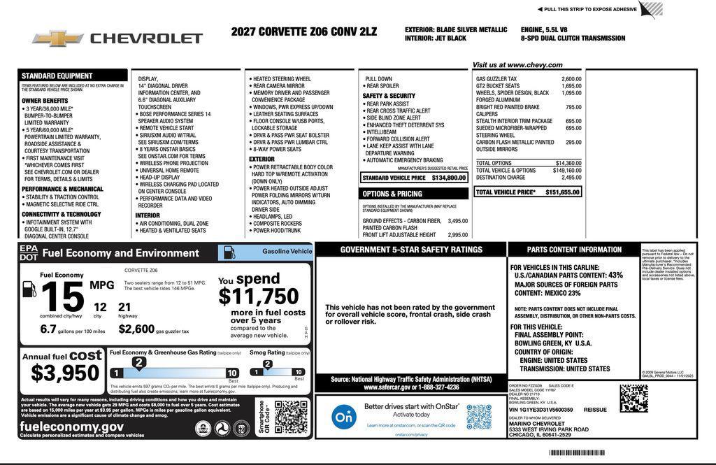 new 2027 Chevrolet Corvette car, priced at $152,033