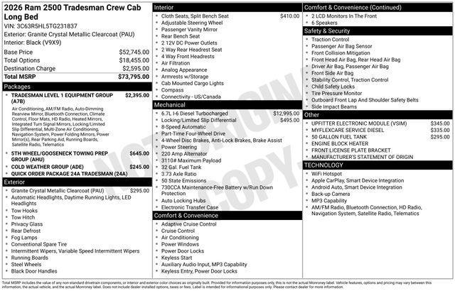 new 2026 Ram 2500 car, priced at $70,890