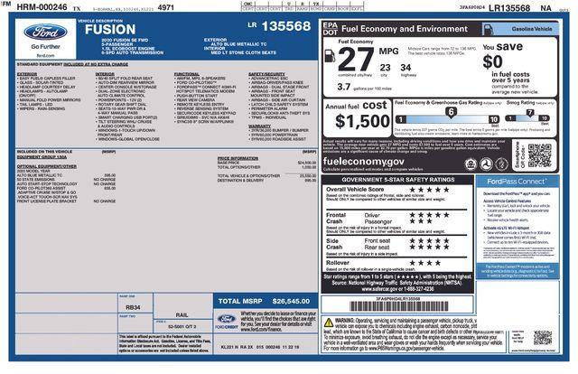 used 2020 Ford Fusion car, priced at $15,225