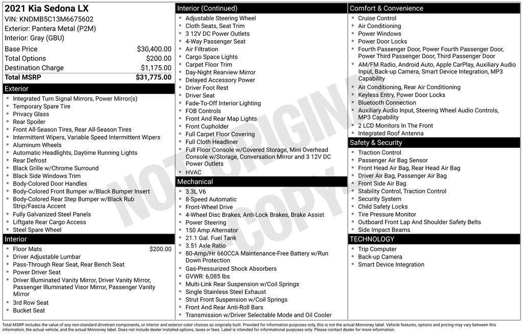 used 2021 Kia Sedona car, priced at $15,900