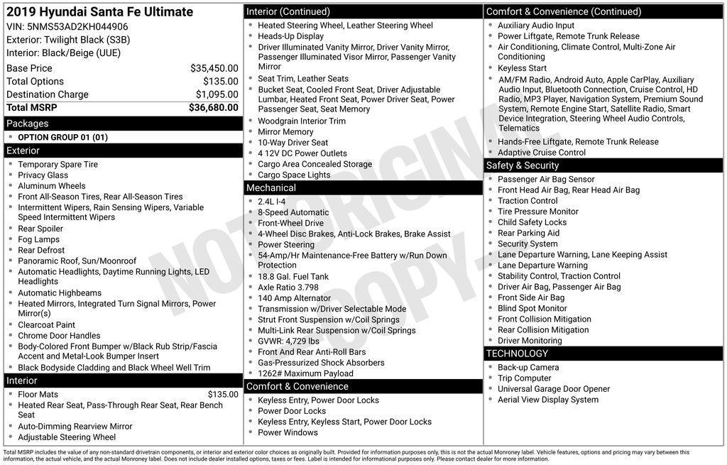 used 2019 Hyundai Santa Fe car, priced at $14,500