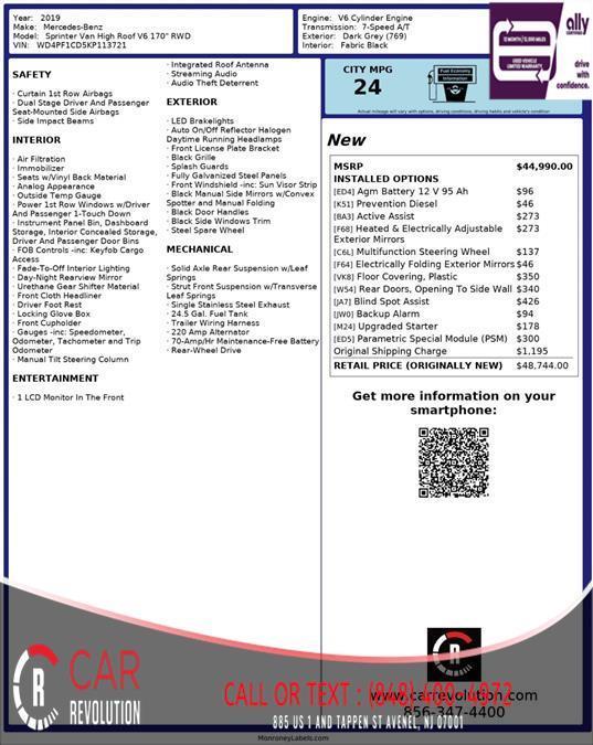 used 2019 Mercedes-Benz Sprinter 2500 car, priced at $18,045