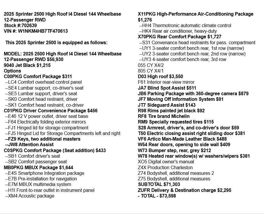 new 2025 Mercedes-Benz Sprinter 2500 car, priced at $67,598