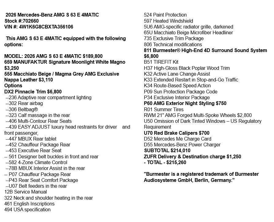 new 2026 Mercedes-Benz AMG S 63 E car, priced at $215,260