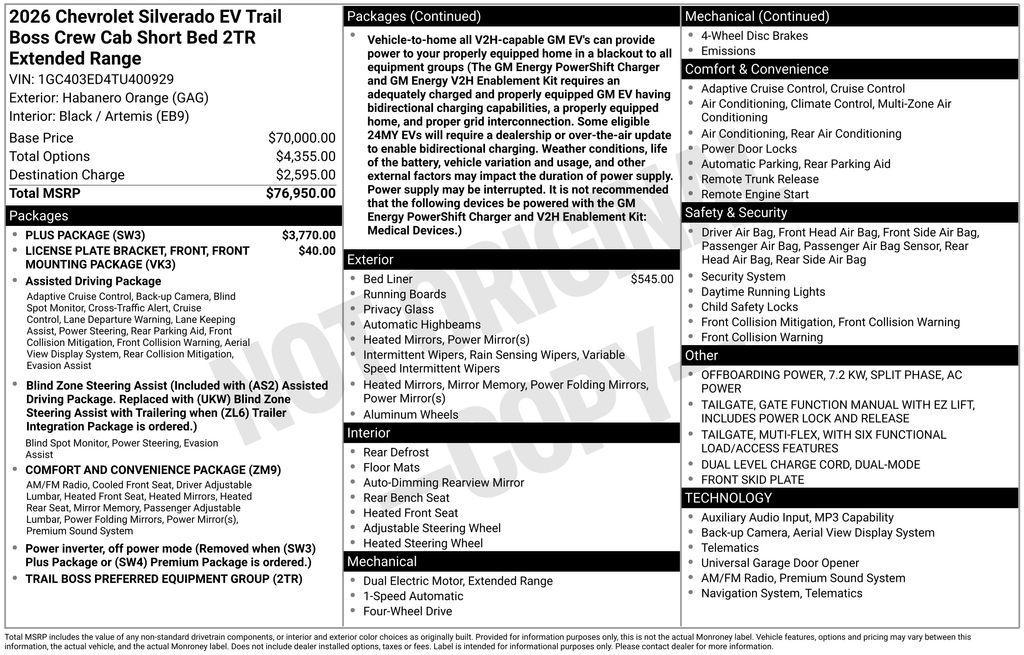 new 2026 Chevrolet Silverado EV car, priced at $69,957