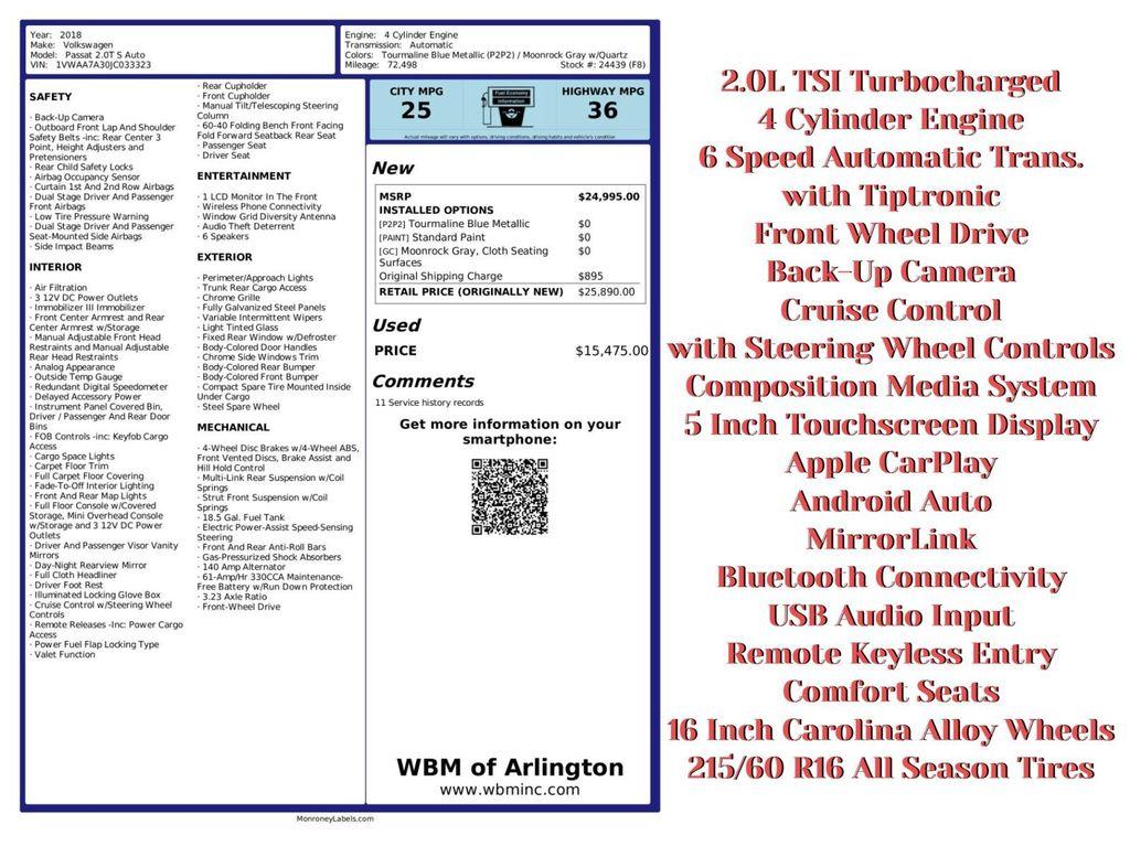 used 2018 Volkswagen Passat car, priced at $12,495
