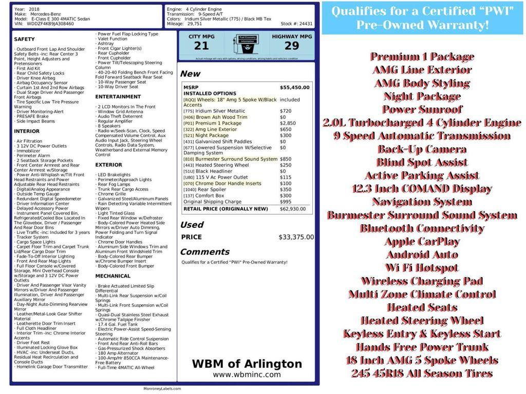 used 2018 Mercedes-Benz E-Class car, priced at $24,995