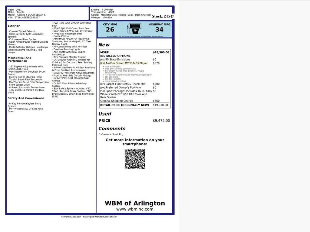 used 2011 Toyota Corolla car, priced at $7,195