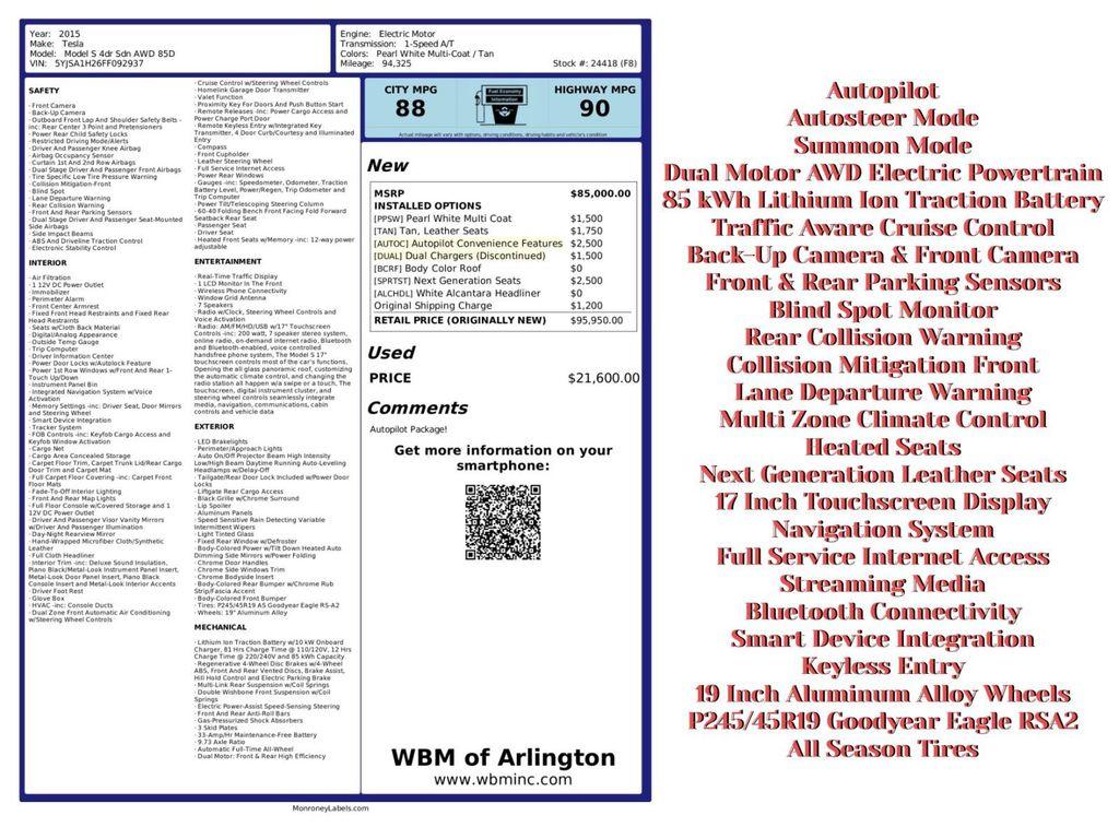 used 2015 Tesla Model S car, priced at $15,895