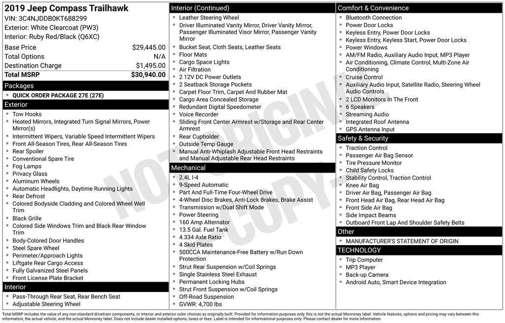 used 2019 Jeep Compass car, priced at $16,000