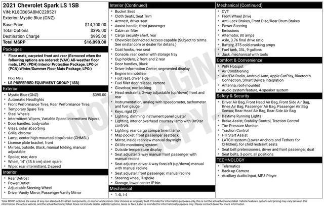 used 2021 Chevrolet Spark car, priced at $10,995