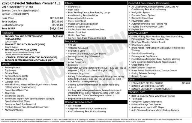 new 2026 Chevrolet Suburban car, priced at $90,408