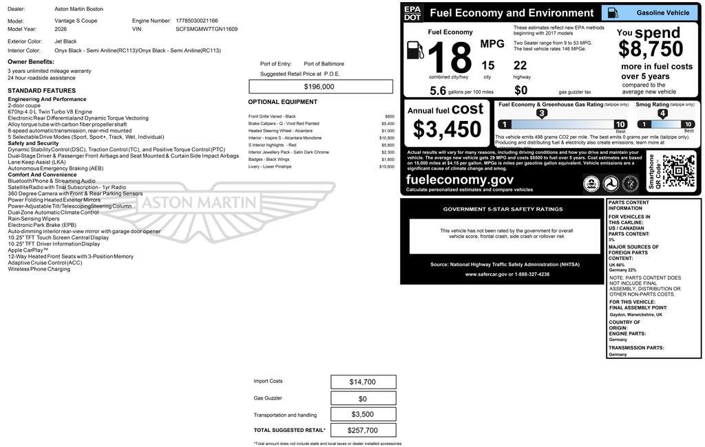 new 2026 Aston Martin Vantage car, priced at $257,700