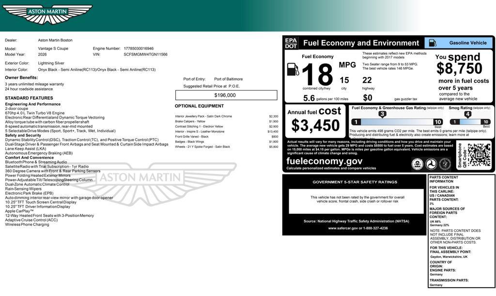 new 2026 Aston Martin Vantage car, priced at $242,200