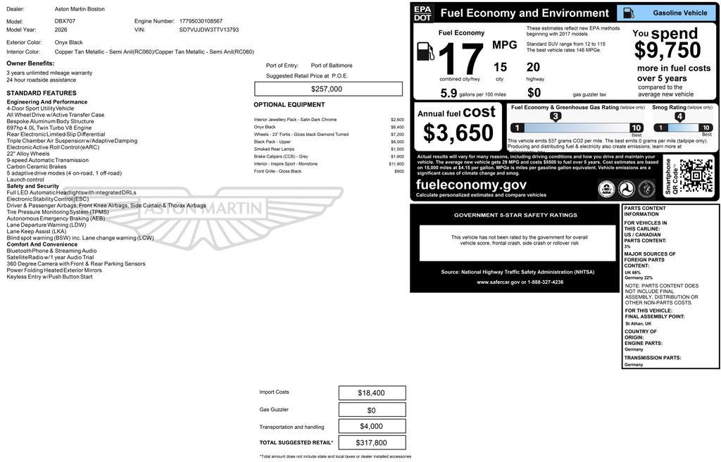 new 2026 Aston Martin DBX car, priced at $317,800
