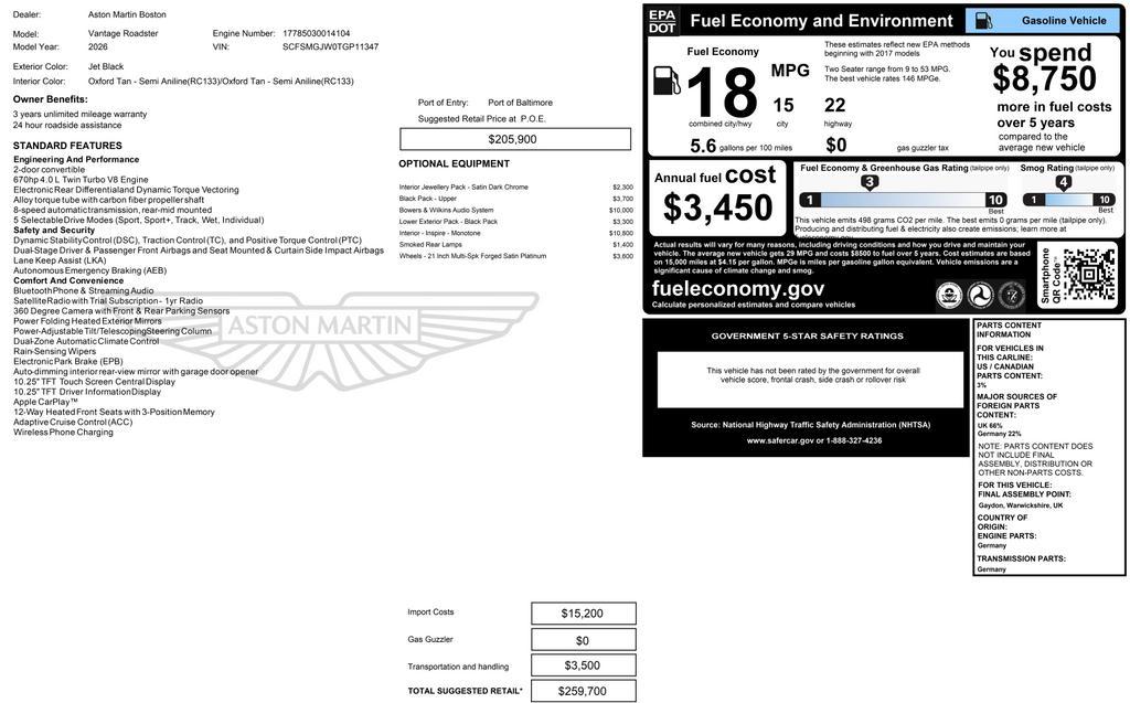 new 2026 Aston Martin Vantage car, priced at $259,700