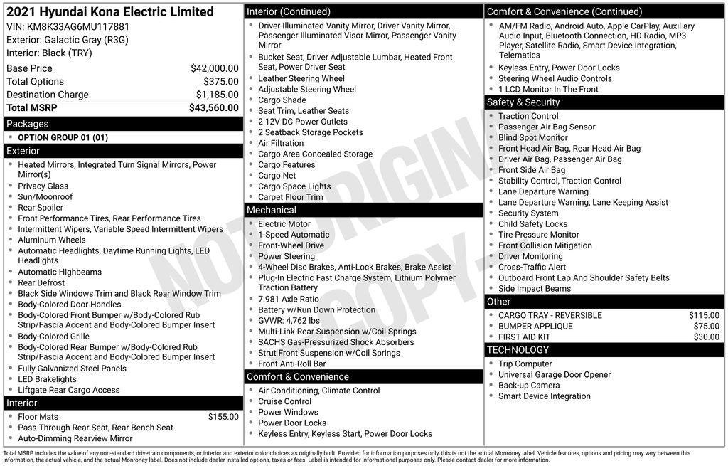 used 2021 Hyundai Kona EV car, priced at $14,950