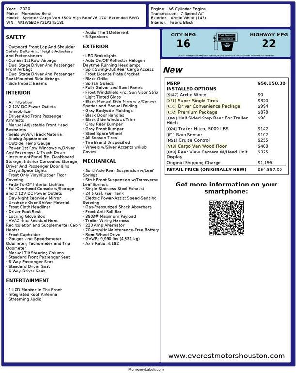 used 2020 Mercedes-Benz Sprinter 3500 car, priced at $48,990