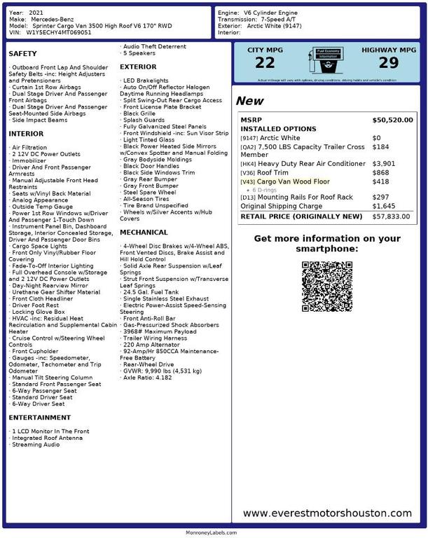 used 2021 Mercedes-Benz Sprinter 3500 car, priced at $38,990