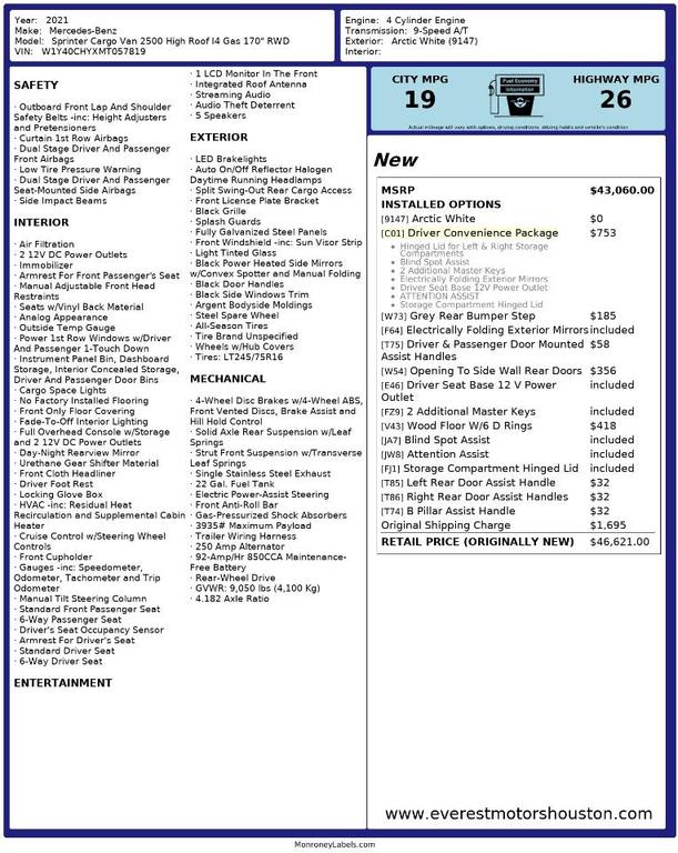 used 2021 Mercedes-Benz Sprinter 2500 car, priced at $33,990