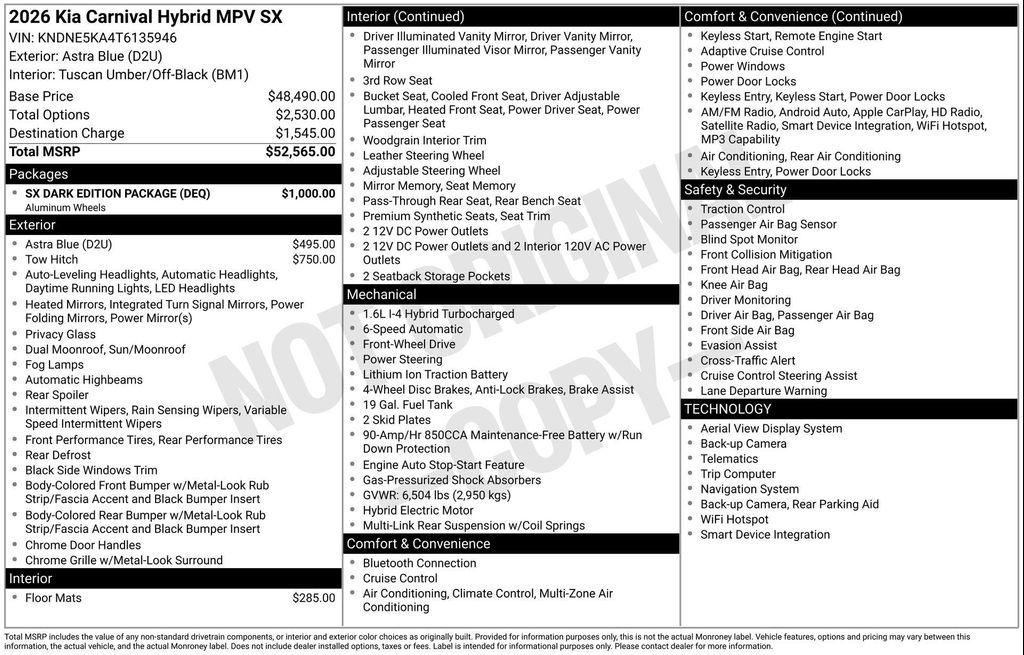 new 2026 Kia Carnival Hybrid car, priced at $47,276