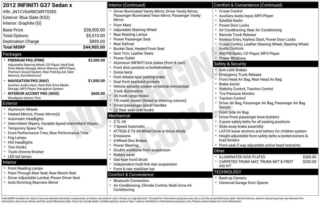 used 2012 INFINITI G37x car, priced at $11,998