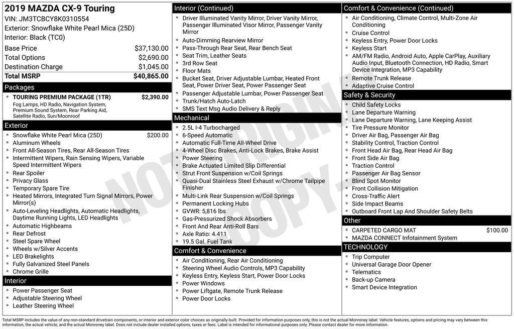 used 2019 Mazda CX-9 car, priced at $18,750